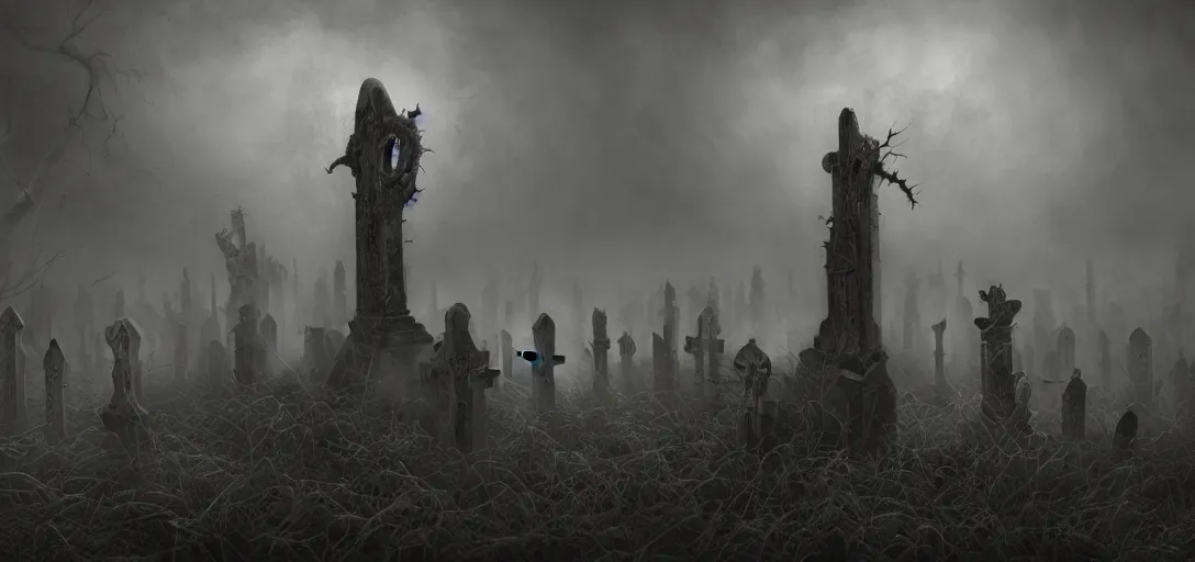 Image similar to A dark and haunted graveyard with Big Evil ghost in the style of Keith Thompson, christopher bretz and kael ngu and Zdzislaw Beksinski, Artstation HD, 8k, Surrealistic digital artwork, highly detailed, digital painting, HDRI, vivid colors, high contrast, 8k resolution, intricate, photorealistic, smooth