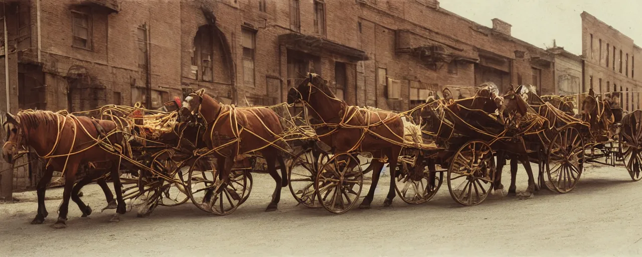 Image similar to 1 8 0 0 s horse drawn carriage carrying spaghetti to a factory building, daguerreotype, ultra - realistic faces, fine detail, anon 5 0 mm, wes anderson, kodachrome, retro