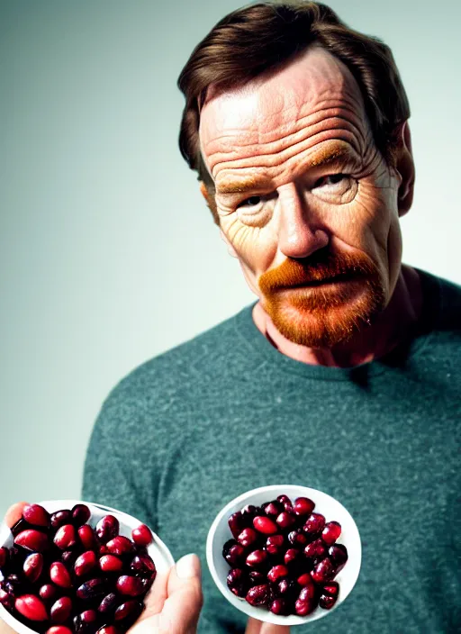 Image similar to bryan cranston eating cranberries, cranberry helmet, hamster cheeks, studio light, bloom, detailed face, magazine, press, photo, steve mccurry, david lazar, canon, nikon, focus