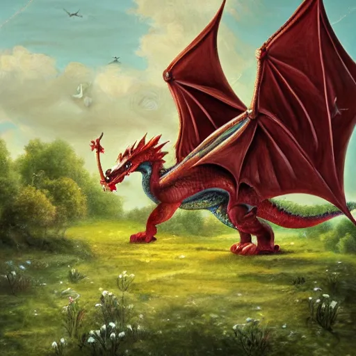 Prompt: Dragon in English meadow, Rococo, illustration, oil painting