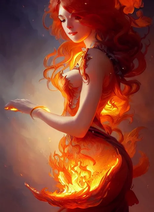 Image similar to a cute fire elemental, with fingers and hair turning into flames, fantasy, intricate, elegant, highly detailed, digital painting, artstation, concept art, wallpaper, smooth, sharp focus, illustration, art by artgerm and greg rutkowski and alphonse mucha