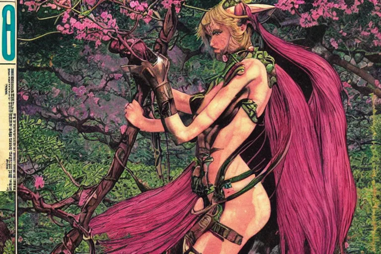 Image similar to 1979 OMNI Magazine Cover of a female Druidic elf with armor by a cherry tree in a Neo-Tokyo garden in cyberpunk style by Vincent Di Fate