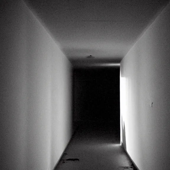 Image similar to a cosmic shadow inside an empty hallway, dark eerie photograph