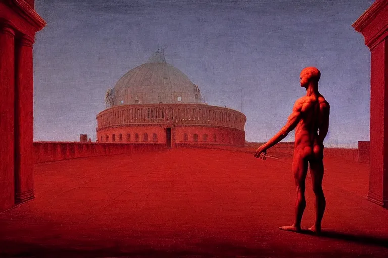 Image similar to only with red, caesar after war, the great deal, a red tiger, in hoc signo vinces, rome in background, an ancient path, in the style of beksinski, part by hopper, part by rodcenko, part by hofbauer, intricate composition, red by caravaggio, insanely quality, highly detailed, masterpiece, red light, artstation