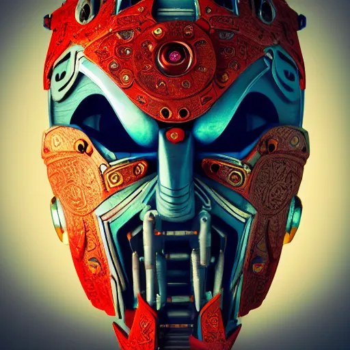 Image similar to cyberpunk tribal mask, robot, japanese pottery, vivid colors, wood, metal, intricate details, trending on cgsociety, concept art, glowing eyes, sharp focus, ultra realistic details, cinematic atmosphere, global illumination, shadows, octane render, 8 k