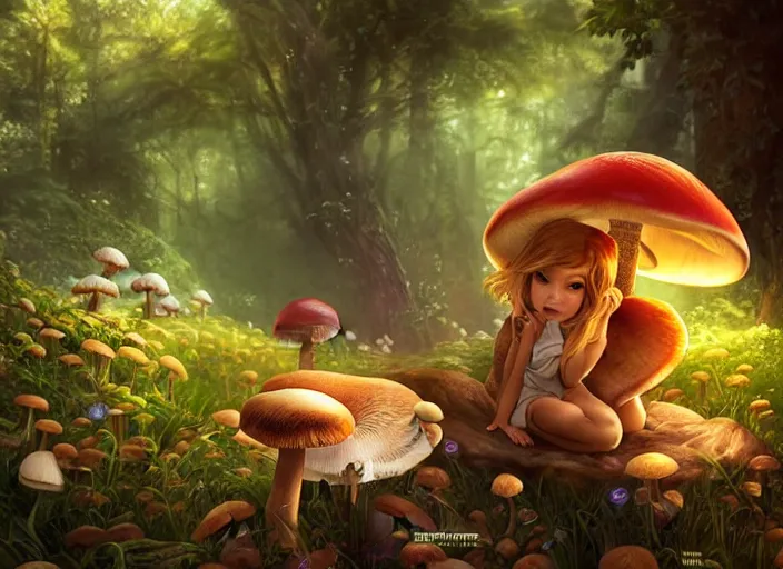 Image similar to a cute creature sitting next to a mushroom, realistic, very detailed, complex, intricate, studio lighting, superres sharpening, bokeh, sigma 5 0 mm f 1. 4, volumetric lighting, illustration, hearthstone, art by artgerm, wlop, craig mullins, alphonse mucha