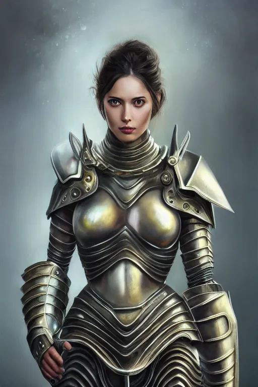 Image similar to a photo-realistically painted portrait of an attractive young woman, partially clothed in metal-plated battle armor, abstract background, flawless olive skin, fair complexion, long dark hair, beautiful bone structure, perfectly symmetric facial features, perfect photorealistic eyes, natural physique, intricate, elegant, digital painting, concept art, finely detailed, beautifully illustrated, sharp focus, minimal artifacts, volumetric lighting, from Metal Gear, by Ruan Jia and Mandy Jurgens and Artgerm and William-Adolphe Bouguerea, in the style of Greg Rutkowski, trending on Artstation, award winning art