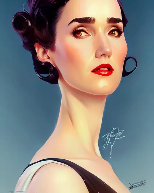 Image similar to a pin up and beautiful fashion charming dreamlke jennifer connelly, symmetrical face, symmetrical eyes, character art, art by artgerm lau and wlop and and ilya kuvshinov and john singer sargent, joshua middleton comic art