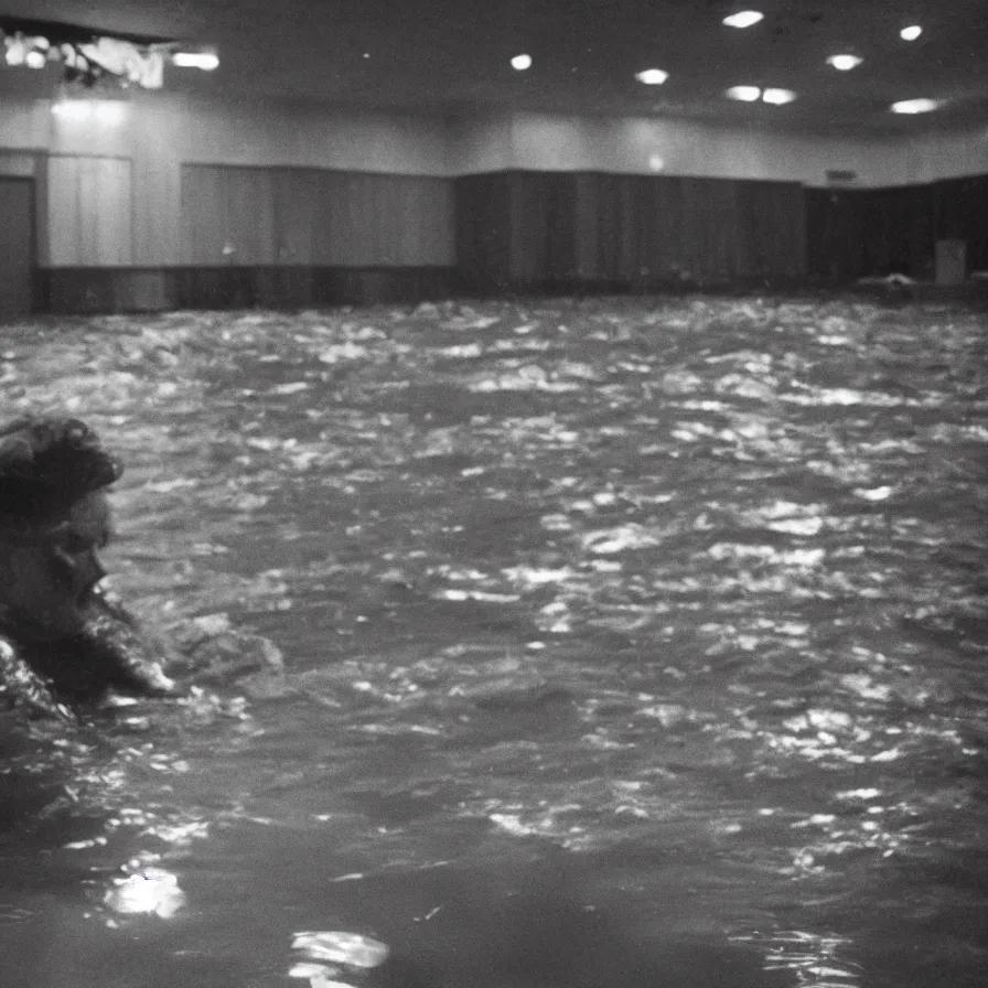 Image similar to 9 0 s movie still of an old man drowning in an empty soviet ballroom flooded with blood, cinestill 8 0 0 t 3 5 mm, heavy grain, high quality, high detail