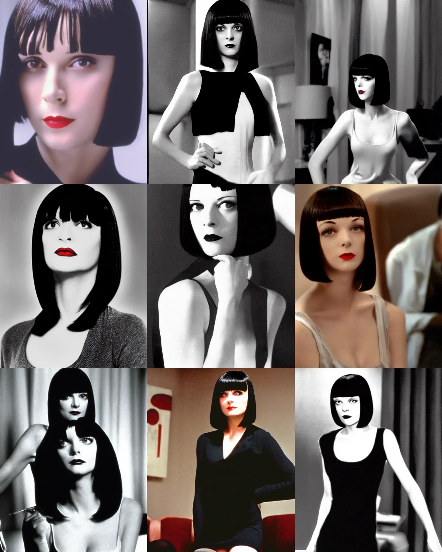 Prompt: mary louise brooks 2 5 years old as mia wallace, in pulp fiction 1 9 9 4, bob haircut, film still