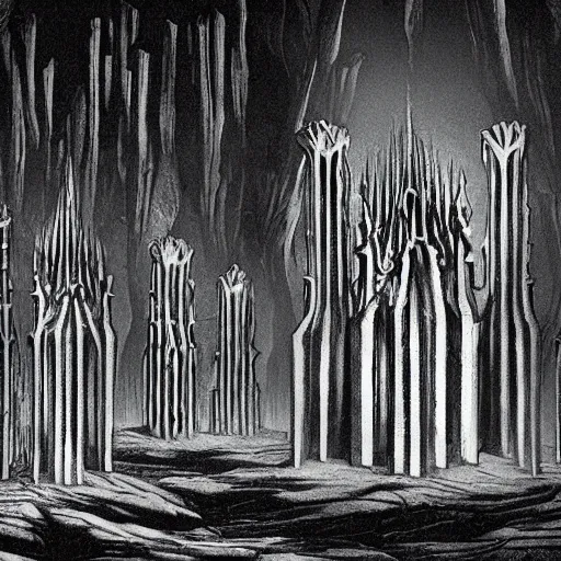 Prompt: A horrific gothic cityscape of evil tree-like towers inside a giant cave