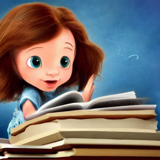 Prompt: a little girl with short wavy brown hair sits on top of a pile of books reading a book in a still from a disney movie. beautiful disney cartoon character art, high quality, detailed face