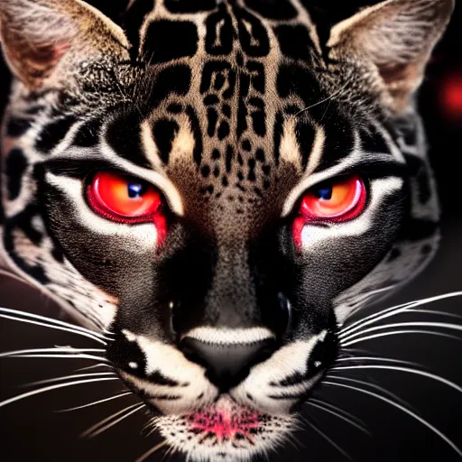 Image similar to profile shot of a black and red ocelot with black background, strong bokeh, dramatic, cinematic, high contrast, octane render, 4k