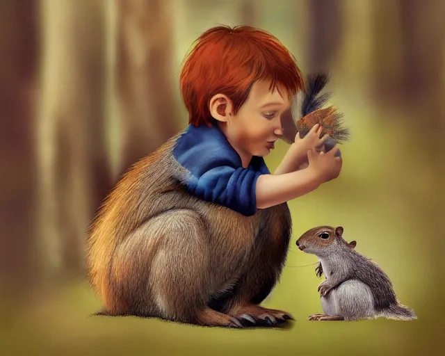 Prompt: a little boy play with a squirrel by samuel smith trending on artstation