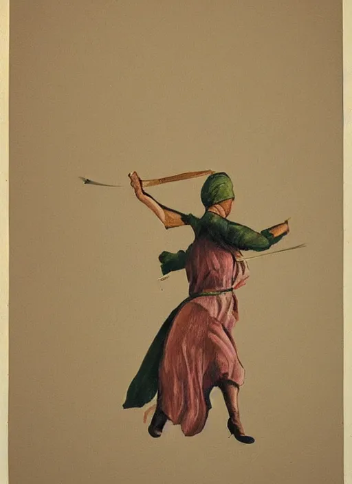 Image similar to woman flying with a paper bag over the head and a sward, Ben Ridgway, highly detailed