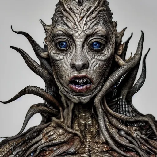 Image similar to photo taken of an epic intricate, ultra detailed, super realistic gritty, terrifying, lifelike sculpture of a nightmarish siren creature design created by weta workshop, zoomed in shots, photorealistic, sharp focus, white wall coloured workshop, cold colour temperture, f 0. 4, face centred