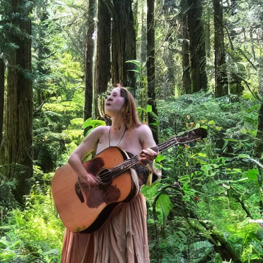 Image similar to beautiful naturalist woman, oregon country fair, living her full truth, enchanting, playing in a forest full of herbs and plants