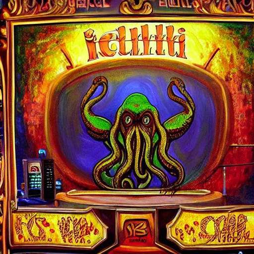 Image similar to cthulhu playing in a casino, realistic painting