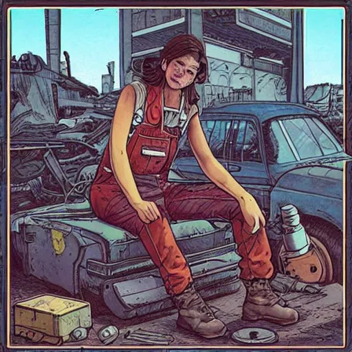 Prompt: “illustration of a tough looking woman sitting in a junkyard. Overalls and tools . Science fiction. Art by Mœbius. Character portrait. Character design. Concept art. Detailed face.”