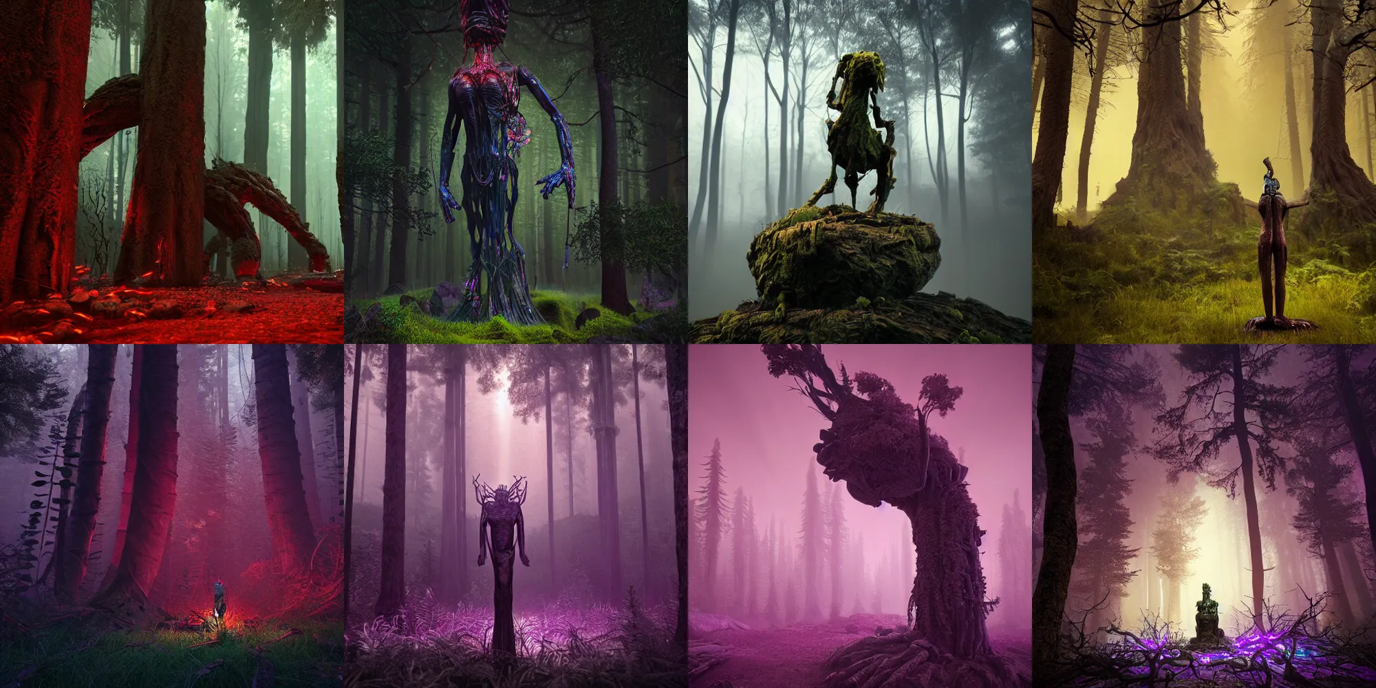 Prompt: beautiful dark forest landscape, old roman statue insect arms, blood floodin the style of beeple and Mike Winkelmann, photo real, ultra realistic, intricate, epic lighting, 8k resolution, unreal engine 5, ultraviolet colors,