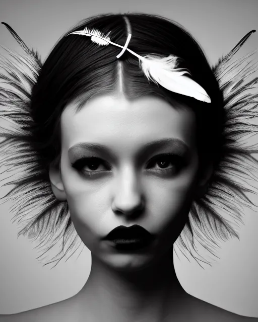 Image similar to surreal mythical dreamy dark artistic black and white fine art 3 / 4 portrait photo of a young delicate mutant female - orchid - bird - cyborg with feather hair, rim light, cinematic, studio dramatic light, poetic, octane render, 8 k, photo - realistic