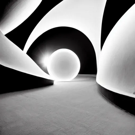 Prompt: A beautiful land art of a black hole. This hole appears to be a portal to another dimension or reality, and it is emitting a bright, white light. There are also stars and other celestial objects around it. cinnabar by Zaha Hadid rhythmic