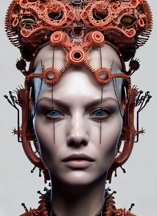 Image similar to portrait of an absurdly beautiful, graceful, sophisticated, fashionable cyberpunk mechanoid, hyperdetailed illustration by irakli nadar and alexandre ferra, intricate linework, white porcelain skin, faberge, coral headdress, unreal engine 5 highly rendered, global illumination, radiant light, detailed and intricate environment