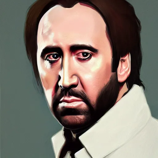 Image similar to Portrait of a Nic Cage , art by Albert Bierstadt and James Gurney, highly detailed, digital painting, matte painting, concept art, illustration, oppressive lighting, trending on artstation, very detailed