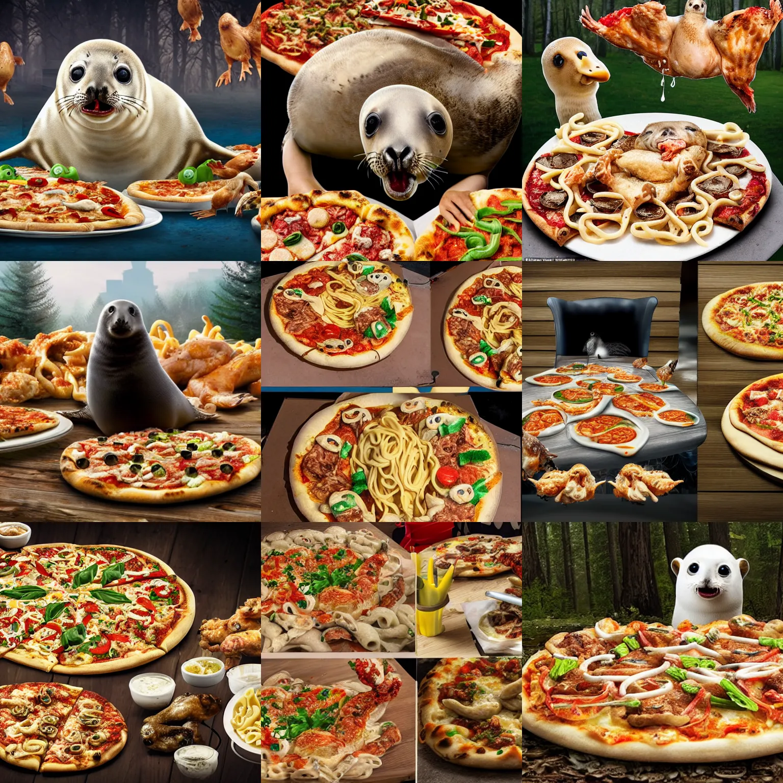 Prompt: photorealistic baby seal eating a disgusting amount of chicken wings and living mutant pasta fazool surrounded by an audience of biomechanical pizza ducks laughing and dripping with mayonnaise in a Washington area forest