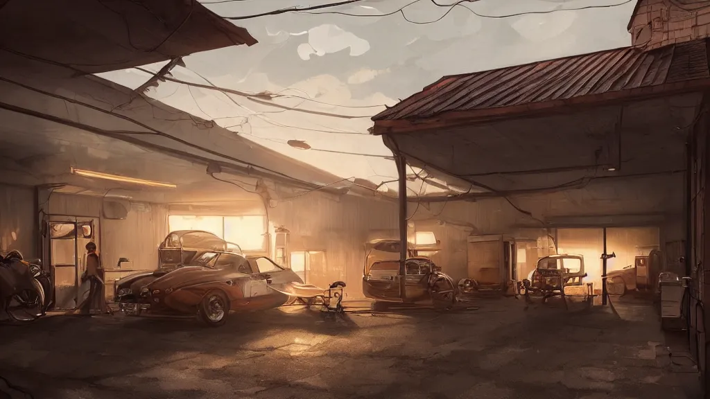 Image similar to a photorealistic hyperrealistic render of an interior of a beautiful cozy garage repair shop by pixar, greg rutkowski, wlop, artgerm, dramatic moody sunset lighting, long shadows, volumetric, cinematic atmosphere, octane render, artstation, 8 k