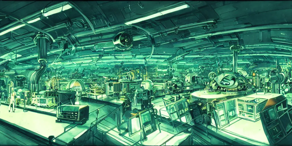 Prompt: interior of a scifi mechanical laboratory, green light, cluttered with machinery and mechanical equipment, artificial intelligence, parabolic lighting, epic composition, wide angle, by miyazaki, nausicaa ghibli, breathe of the wild