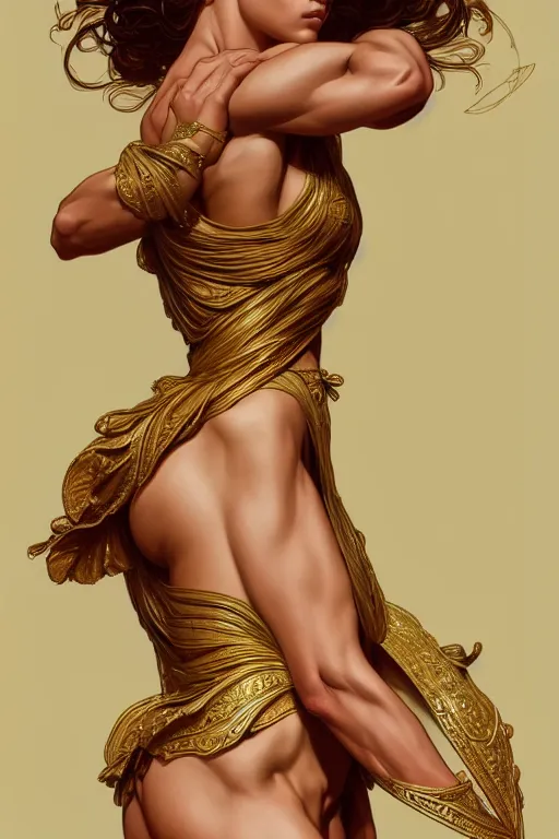 Image similar to 3 / 4 back pose of beautiful greek goddess, by terry o'neill intricate, elegant, highly detailed, digital painting, glistening skin, artstation, concept art, smooth, sharp focus, bright lighting, illustration, art by artgerm and greg rutkowski and alphonse mucha, 8 k