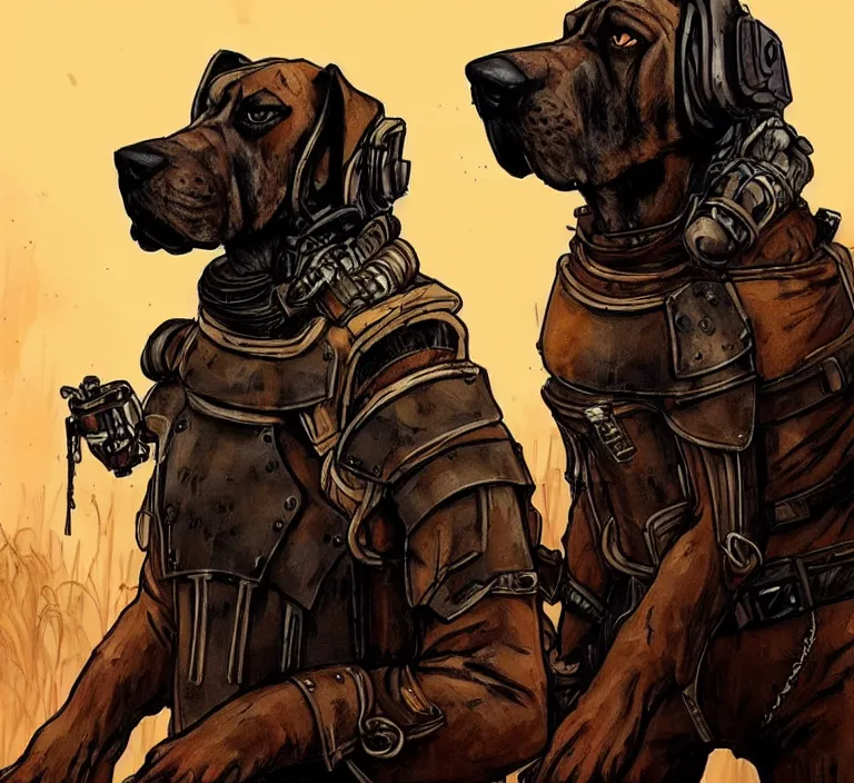 Image similar to a good ol'bloodhound pup fursona ( from the furry fandom ), heavily armed and armored facing down armageddon in a dark and gritty version from the makers of mad max : fury road. witness me.