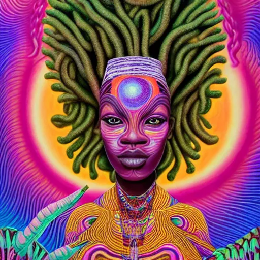 Image similar to a regal bbw african queen with colorful dreadlocks sitting in a cabana near a pink river with a large glowing baobab tree in the center, by amanda sage and alex grey and evgeni gordiets in a surreal psychedelic style, symmetrical, detailed eyes, oil on canvas 8k, hd