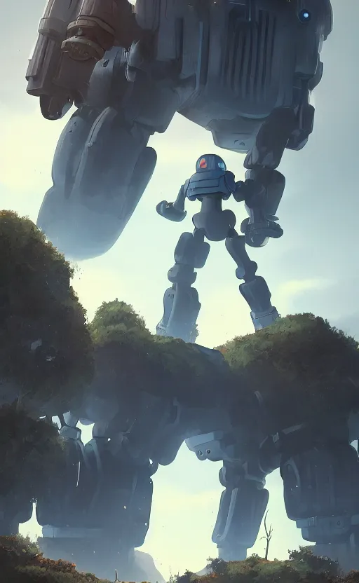 Image similar to iron giant standing near his farm, dynamic lighting, photorealistic fantasy concept art, trending on art station, stunning visuals, creative, cinematic, ultra detailed