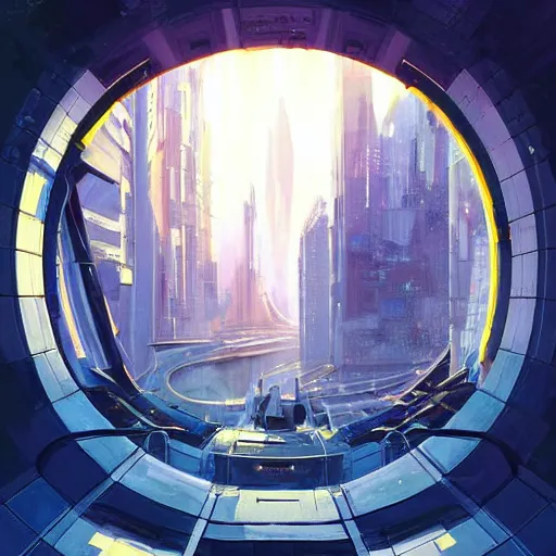 Image similar to circular derelict portal in a middle of a futuristic cityscape, world with trees seen through a portal, daylight, cinematic perspective, cinematic lighting, blue sky, syd mead, john harris