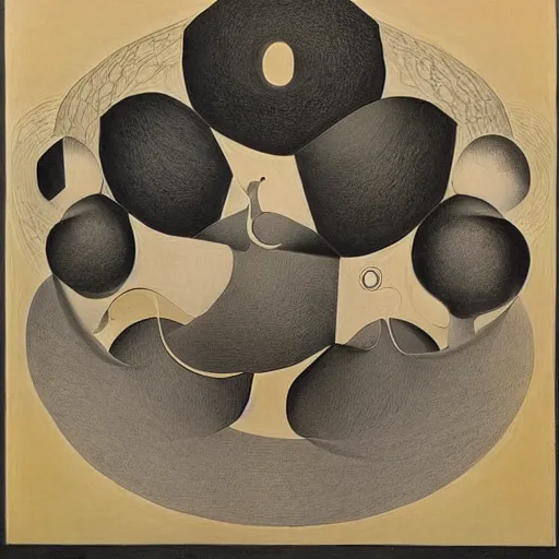 Image similar to a beautiful genius-like composition of incredibly profound symbolic art expressing the nature of time, wondrous, benign and numinous by M. C. Escher and by Hilma af Klint