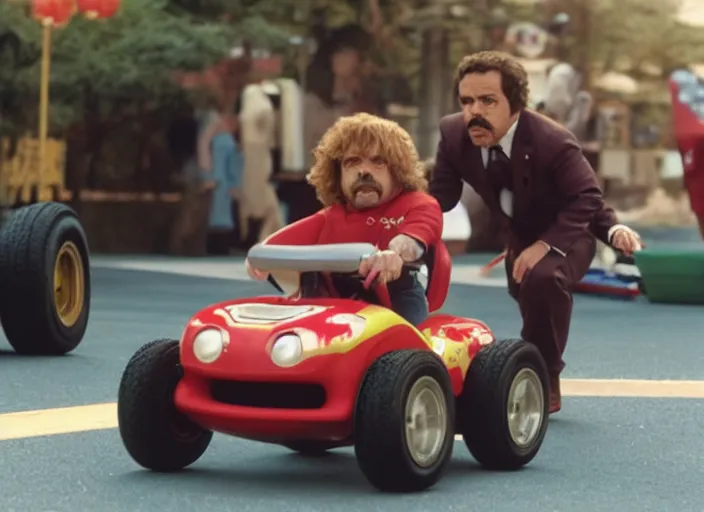 Prompt: peter dinklage racing gary coleman driving a little tikes cars in japan, movie still, from the new fast and furious movie, 8 k, realistic