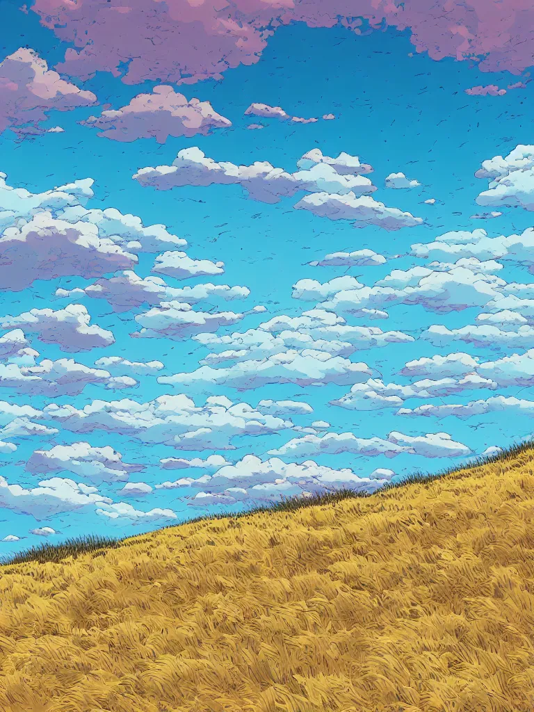 Image similar to a digital art of a close up view of a field, the beach, mountain and the sea at noon, beautiful sky and clouds, colorful, by laurie greasley, artstation, studio ghibli color scheme