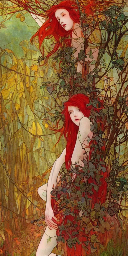 Image similar to a beautiful illustration of a red-head female in a forest, autumn, cinematic composition, mist, style of yoshitaka amano and alfons mucha