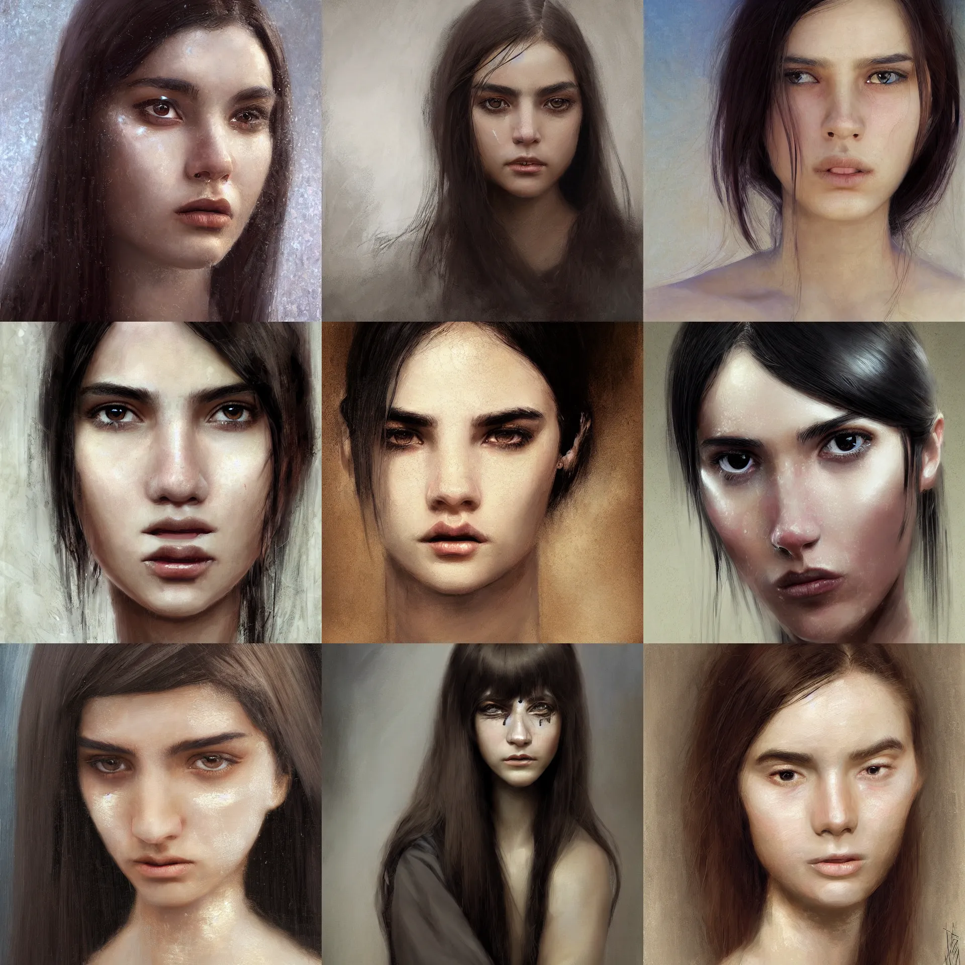 Prompt: digital art portrait painting of a 2 0 years old white skin young latino woman, long black straight hair, thick eyebrows, very small eyes, small straight nose, strong defined jaw, brown eyes painted by craig mullins and gaston bussiere and greg rutkowski, symmetrical facial features, symmetrical face, defined facial features, beautiful face, dramatic lighting