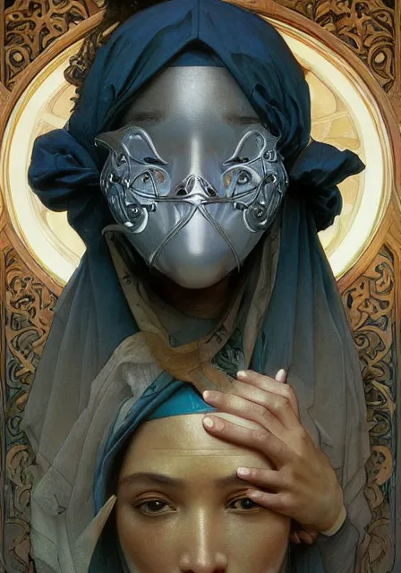 Image similar to happy mask salesman, intricate, elegant, highly detailed, digital painting, artstation, concept art, smooth, sharp focus, illustration, art by artgerm and greg rutkowski and alphonse mucha and william - adolphe bouguereau