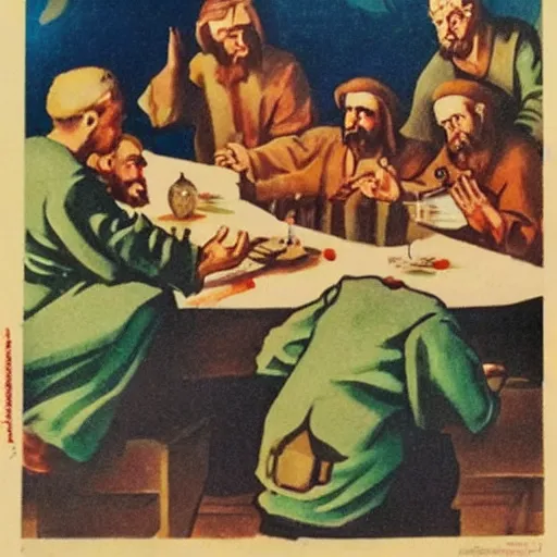 Image similar to a World War II Russian Soviet propaganda poster of The Last Supper