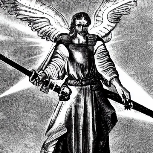 Prompt: An archangel man standing in a medieval battlefield points a white fantasy sword towards the sky with a beacon of light coming down to refract off of the swords tip into shattered beam fragments around his body