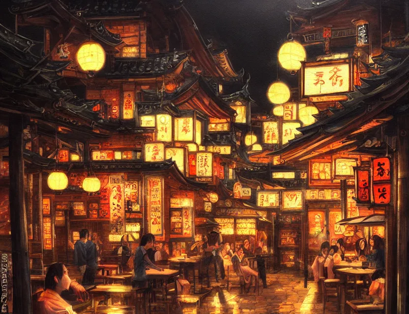 Prompt: enchanted izakaya in the night. this oil painting by the award - winning mangaka has a beautiful composition, great sense of depth, dramatic lighting and intricate details.