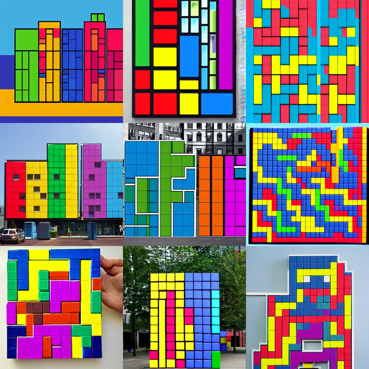 Prompt: tetris made from colourful city blocks