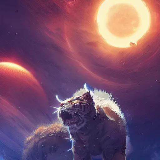 Prompt: professional digital art of a space tiger with tiny planets orbiting it, high quality, hd, fantasy, sci - fi, greg rutkowski, stylized, hd