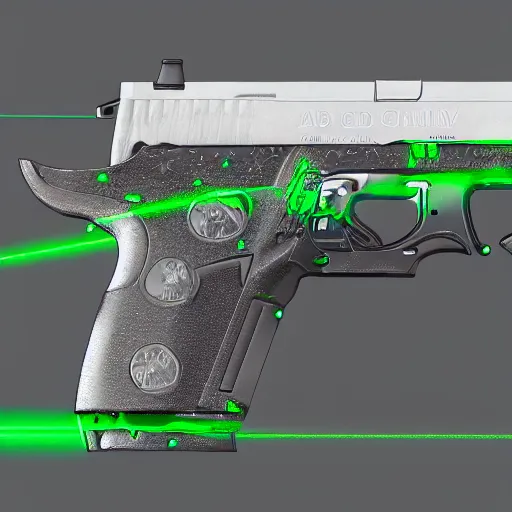 Prompt: a side view of a pistol with a lot of symbols on it, green laser circles on the ends, white background, digital art, concept art, detailed, 4k