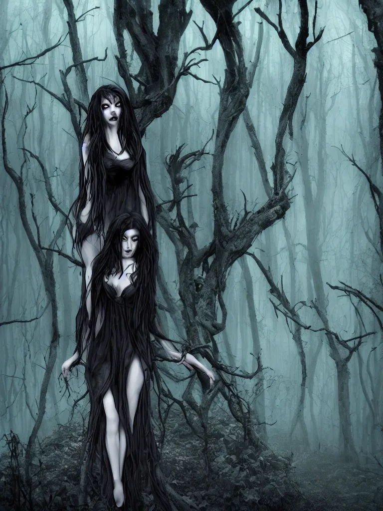 Image similar to beautiful dark witch in a gloomy horror forest cinematic, realistic, detailed, full body