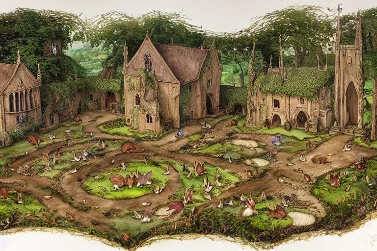 Image similar to an elaborate and dense painting of redwall abbey in mossflower wood with lots of mice and rabbits and otters walking around, detailed, made of alcohol ink on parchment and penned illustrations, by brian jacques and jean baptiste monge